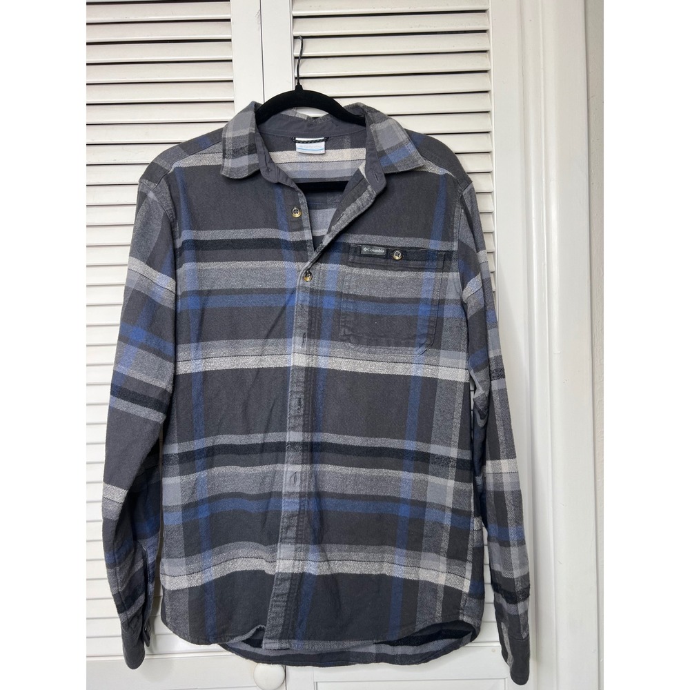 Columbia Flannel Shirt Men's S Gray Blue Plaid Cotton Button Up Shacket Vibe